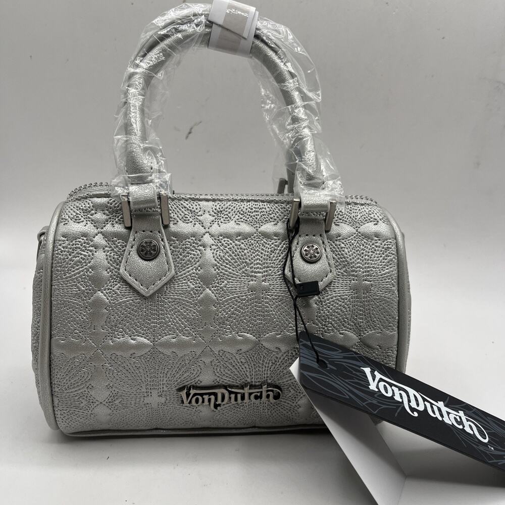 Von Dutch Silver Hannah Bag Chopper Cross Pattern Small Detachable Strap NWT